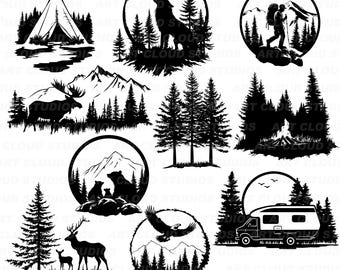 Forest Landscape SVG, Forest Scene Png, Woodland Cut Files, Mountain Silhouette Digital Download Clipart, Laser, Unlimited Commercial Use.