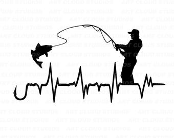 Fishing Heartbeat SVG, Fly Fishing EKG Png, Cut Files, Car Styling Sticker Silhouette Digital Download Clipart, Unlimited Commercial Use.