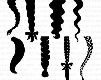 Hair Braided SVG, Hair Braided Hair Silhouette Cut Files, Hair Braids PNG, Hair Pony Tail Bundle, Digital Download, Clipart, Commercial Use