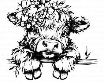 Highland Cow SVG, Calf Png, Farm Animal Cut Files, Silhouette Digital Download Clipart, Laser, Unlimited Commercial Use.
