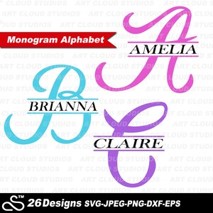Peut inclure: Trois lettres d'alphabet de monogramme, A, B et C, en rose, bleu et violet, avec une ligne noire et un nom sous chaque lettre. Les lettres sont en écriture cursive. Le texte "Monogram Alphabet" est en haut de l'image. Le texte "26 Designs SVG-JPEG-PNG-DXF-EPS" est en bas de l'image.