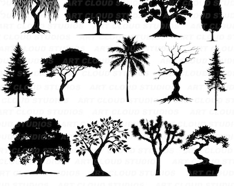 Tree SVG Bundle, Forest Png, Woods Cut Files, Spruce Pine Willow Palm Silhouette Digital Download Clipart Laser, Unlimited Commercial Use.
