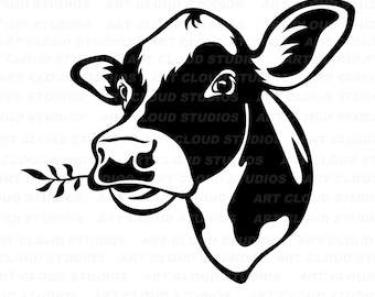 Cow Munching Grass svg, Calf Png, Cut Files, Heifer Silhouette Digital Download Clipart, Laser, Unlimited Commercial Use.