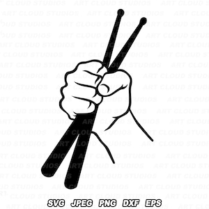 Main tenant des baguettes de tambour SVG, Png du batteur, fichiers de coupe de batterie, pilon Silhouette téléchargement numérique des cliparts, laser, usage commercial illimité.