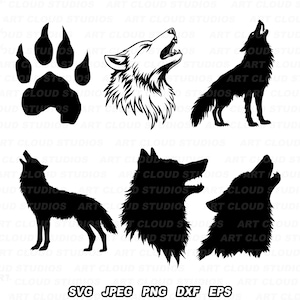 May include: A set of five black and white wolf silhouette illustrations. The illustrations include a wolf paw print, a wolf howling with its head tilted back, a wolf howling with its head turned to the side, a wolf howling with its head turned to the side, and a wolf howling with its head turned to the side.