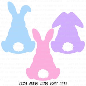 May include: Three bunny silhouettes in different colors: light blue, pink, and lavender. Each bunny has a white fluffy tail.