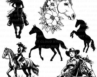 Cowgirl svg, Beautiful Horses Png, Filly Cut Files, Pony Silhouette Digital Download Clipart, Laser, Unlimited Commercial Use.