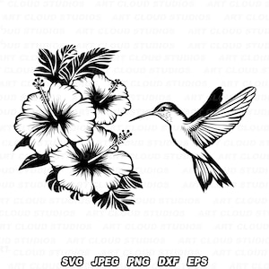 Kolibri SVG, Hibiskus Blumen Png, Vogel Schnittdateien, Silhouette digitaler Download Clipart, Laser, unbegrenzte kommerzielle Nutzung.