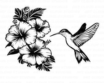 Hummingbird SVG, Hibiscus Flowers Png, Bird Cut Files, Silhouette Digital Download Clipart, Laser, Unlimited Commercial Use.
