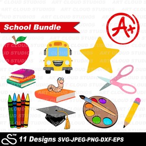 Pode incluir: Um conjunto de 11 imagens de clipart com tema escolar, incluindo uma maçã vermelha, um ônibus escolar amarelo, uma pilha de livros coloridos, uma minhoca, um conjunto de lápis de cor, um livro, uma paleta de tinta, um lápis, um chapéu de formatura, uma estrela, um par de tesouras rosa e um sinal A+.