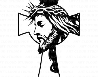 May include: Black and white silhouette of a cross with a crown of thorns and the face of Jesus Christ inside the circle.