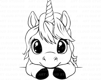 Cute Peeking Unicorn SVG, Kawaii Unicorn PNG, Cut Files, Silhouette Digital Download Clipart, Jpeg DXF Eps, Laser, Unlimited Commercial Use.