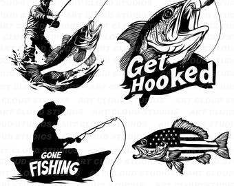 Pescador capturando peces SVG, Gone Fishing Png, Archivos de corte de trucha de EE. UU., Descarga digital de silueta Clipart, Láser, Uso comercial ilimitado.