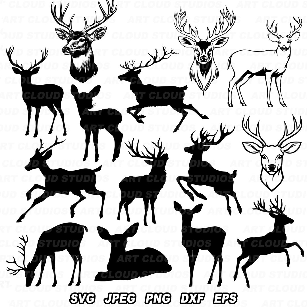 Deer SVG Bundle, Deer Head Png, Stag Cut Files, Buck Silhouette Digital ...