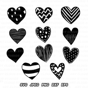 Heart SVG Cut Files, Hearts Clipart, Valentines SVG, Doodle Heart PNG Bundle, Hand-drawn Hearts Digital Download, Commercial Use