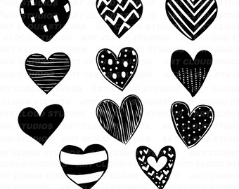 Heart SVG Cut Files, Hearts Clipart, Valentines SVG, Doodle Heart PNG Bundle, Hand-drawn Hearts Digital Download, Commercial Use
