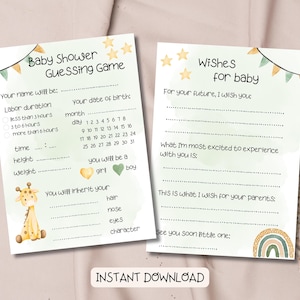 Tarjeta de baby shower con forma de jirafa / Juego de adivinanzas imprimible / Deseos para el bebé / Acuarela verde / Niño niña género neutro / Descarga instantánea