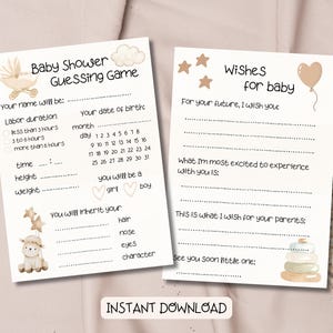 Niedliche Babypartykarte | Wünsche für Baby | Ratenspiel zum Ausdrucken | Lustige Dusche Karten | Geschlechtsneutral | Sofortdownload | PDF | Beige Schätzchen