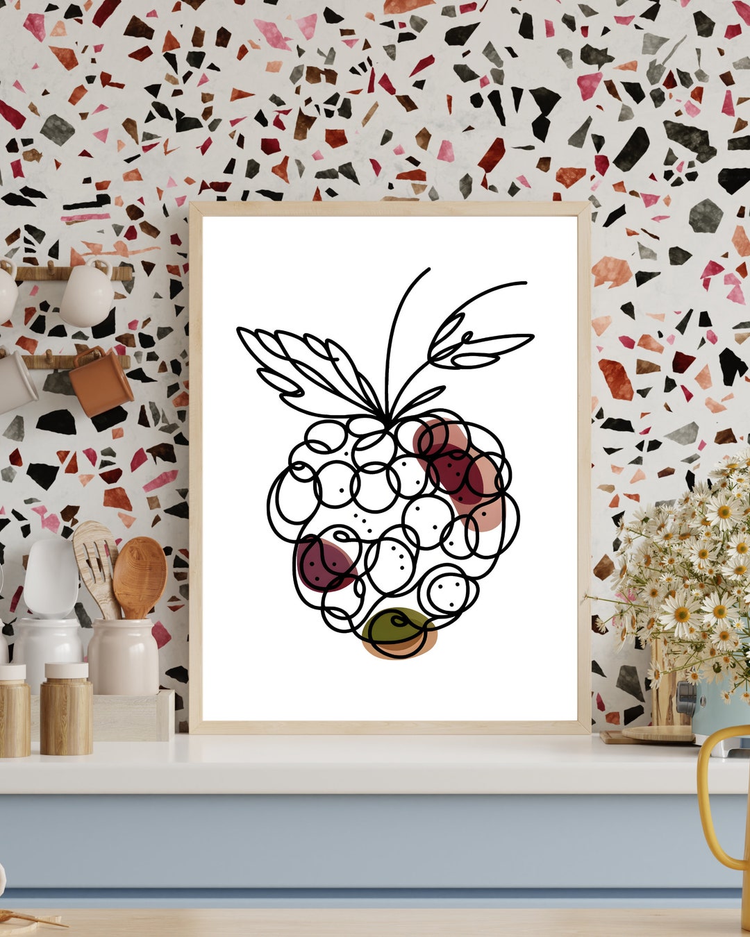 Minimalist Raspberry Line Art Print | Kitchen Wall Art | Modern Wall ...