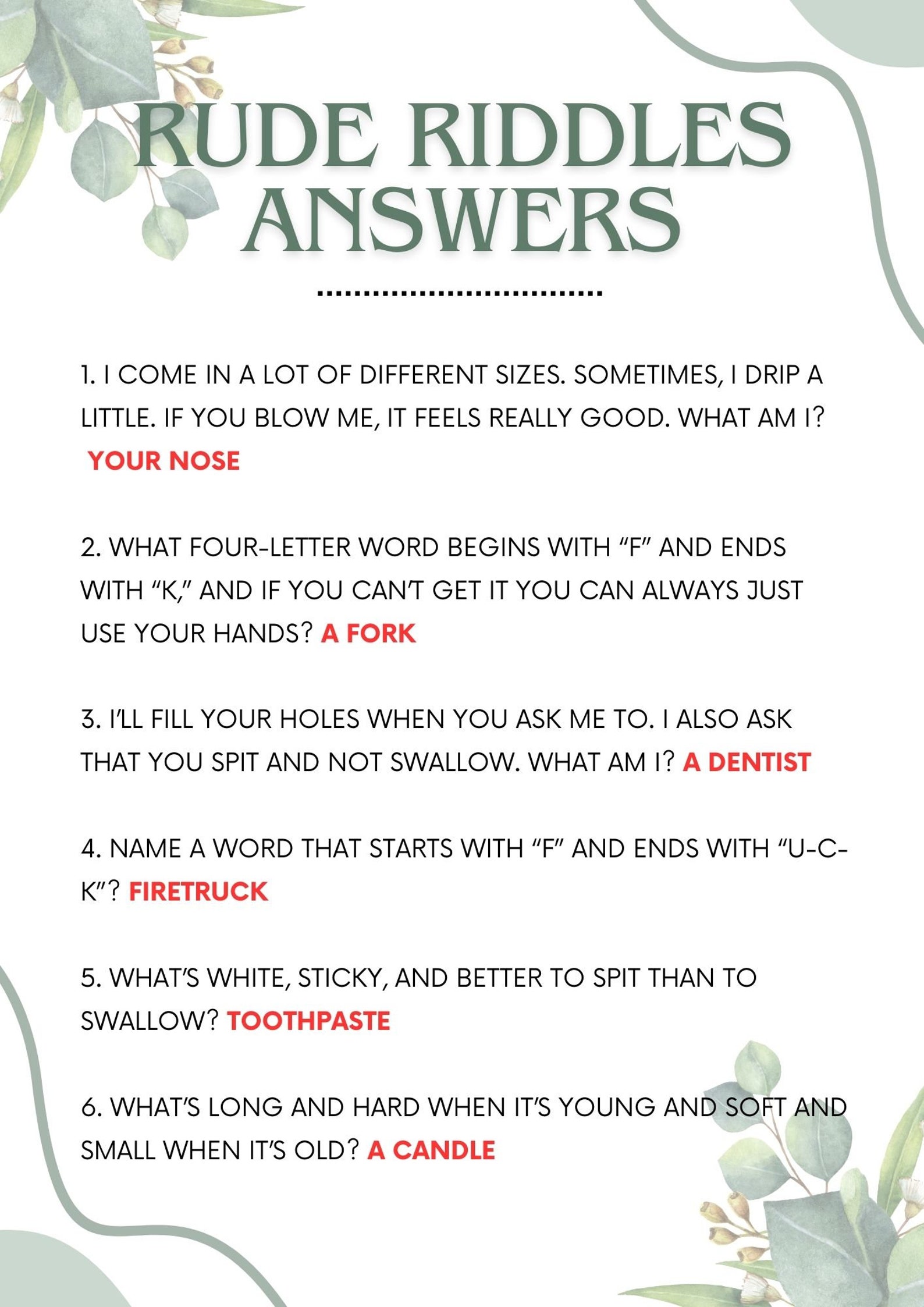 Rude Riddles - Hen Party Games - Bachelorette Party - Sage Green Theme ...