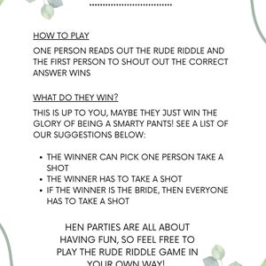 Rude Riddles - Hen Party Games - Bachelorette Party - Sage Green Theme ...