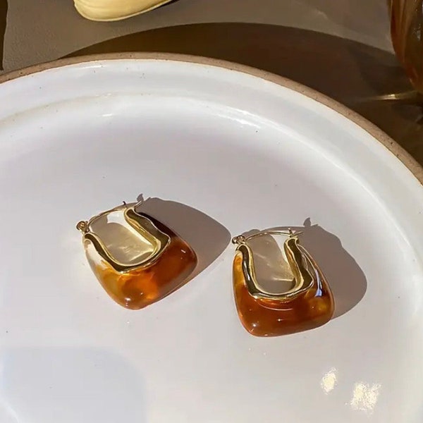 Resin Chunky U shaped Earrings,18K gold plated Hoop earrings, Coffee Brown hoop earrings,Abstract shaped Hoops