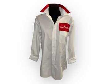 Camisa de diseñador, blanca y roja, inusual, 100% algodón, blusa de mujer, camisa de mujer, moda para la oficina, moda de oficina, moda, camisa inusual