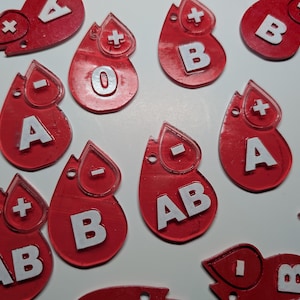 May include: Red blood type labels with white lettering. The labels include the blood types A, B, AB, O, and the positive and negative signs.