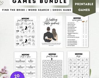 May include: A set of 20 printable wedding table games. The games include "Find the Bride", "Wedding Truth or Dare", "Wedding Bingo", "Wedding Shoes Game", and "Find the Differences".