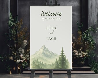Welcome Wedding Sign, Mountain Themed Decor, Personalized Rustic Wedding Sign, Editable Canva Template, Adventure Wedding Poster - WED03