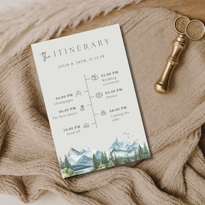 Wedding Itinerary Template, Mountain Lake Forest Wedding Timeline, Editable Canva Schedule of Events, Printable Instant Download - WED02