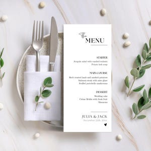 Nowoczesny szablon menu weselnego, minimalistyczne menu weselne do druku, edytowalne menu kolacji Canva, menu DIY na Twój wyjątkowy dzień ślubu - WED01