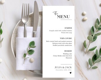 Moderne bruiloftsmenusjabloon, minimalistisch afdrukbaar trouwmenu, bewerkbaar canva-dinermenu, doe-het-zelfmenu voor je speciale trouwdag - wo 01