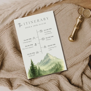 Rustic Mountain Wedding Itinerary Template, Woodland Wedding Timeline, Editable Canva Schedule of Events, Printable Instant Download - WED03