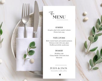 Minimalistisch trouwmenu, bewerkbare sjabloon voor modern dinermenu, zwart-wit afdrukbaar menu voor je speciale dag, canvadownload - wo 01