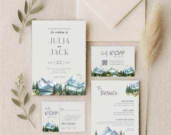 Mountain Wedding Invitation Template Set, Lake Woodland Forest Wedding Invite Suite, Rustic Misty Details Card, Printable Canva RSVP - WED02