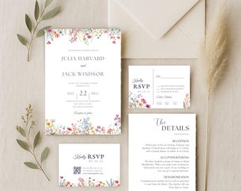 Summer Wildflower Wedding Invitation Set, Field Flowers Wedding Invite QR Code Bundle, Whimsical Floral Invitation Suite Template - WED06