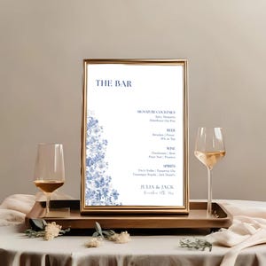Elegant Dusty Blue Bar Menu Template, Editable Blue Toile & Chinoiserie Wedding Drinks Sign, Printable Canva Floral Cocktail Menu – WED05