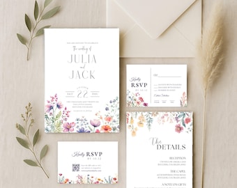 Bruiloftsuitnodiging met wilde bloemen, boho bloemenuitnodiging, bewerkbare canvassjabloon, afdrukbare bruiloftsset met RSVP en QR-code – wo 06