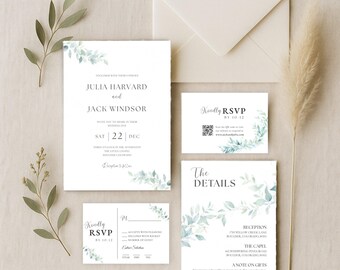 Canva Greenery Wedding Invitation, Floral Wedding Invite, Elegant Woodland Wedding Invite Template, Sage Green Detail & RSVP card - WED04