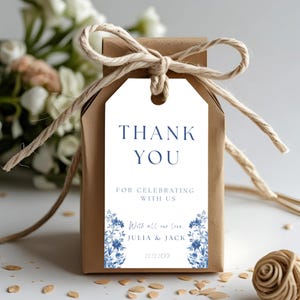 Dusty Blue Wedding Thank You Tag, Toile de Jouy Wedding Favor Tag, Printable Chinoiserie Canva Template, Custom Gift Tag for Events - WED05
