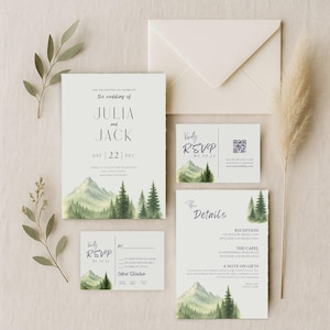Suite de faire-part de mariage dans les montagnes rustiques, lot de modèles sur toile inspirés de la nature, RSVP en bois extérieur modifiables et cartes détaillées - MER03