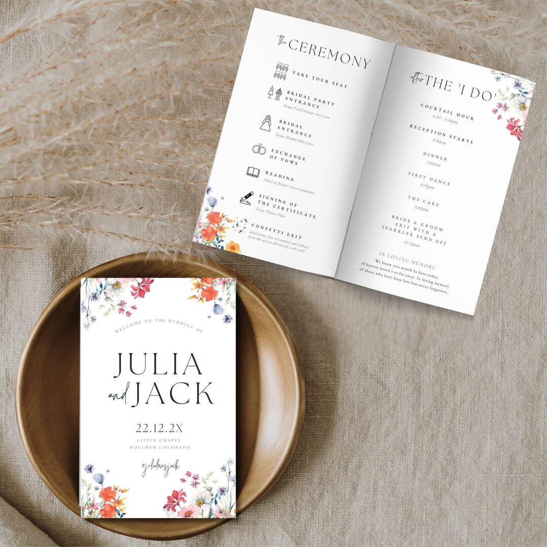 Wildflower Wedding Program Template, Editable Floral Booklet, Folded ...