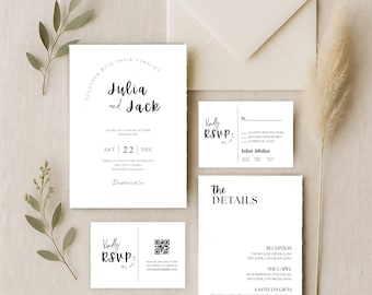 Elegante Hochzeitseinladungsreihe, Minimal Script Invite Set mit QR Code Antwortkarte, Detailkarte, bearbeitbare digitale Canva-Vorlagen - WED01