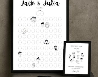 Modelo de livro de visitas para casamento com desenho de rosto, livro de visitas alternativo e divertido, placa de lembrança de casamento editável e imprimível, download do Canva - WED01
