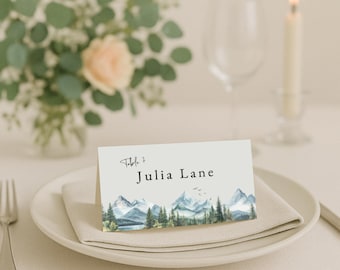 Rustic Mountain Wedding Place Card Template, Foldable Editable Guest Name Tags for Outdoor Reception, Printable Canva Table Setting – WED02