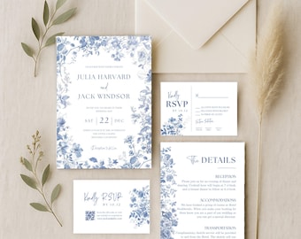 Dusty Blue Toile Wedding Invitation Suite, Editable Canva Template Invite, RSVP & Details, Romantic Chinoserie Floral Wedding Set - WED05