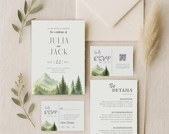 Rustic Mountain Wedding Invitation Suite, Nature-Inspired Canva Template Bundle, Editable Outdoor Woodsy RSVP & Details Cards - WED03