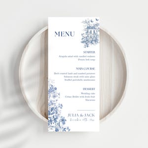 Modèle de Menu de mariage bleu poussiéreux, menu du dîner floral élégant imprimable, carte de table modifiable toile de Jouy romantique, chinoiseries toile WED05
