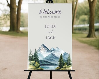 Mountain Theme Wedding Welcome Sign, Our Adventure Awaits, Editable Forest Mountain Design, Canva Wedding Welcome Poster Template - WED02